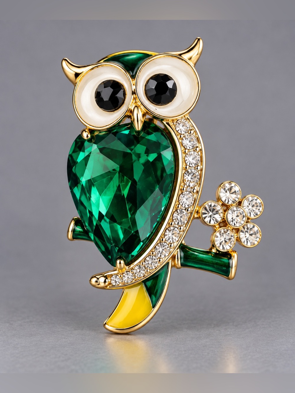 Gold-Tone Emerald Green Owl Crystal Brooch - Women Jewelry